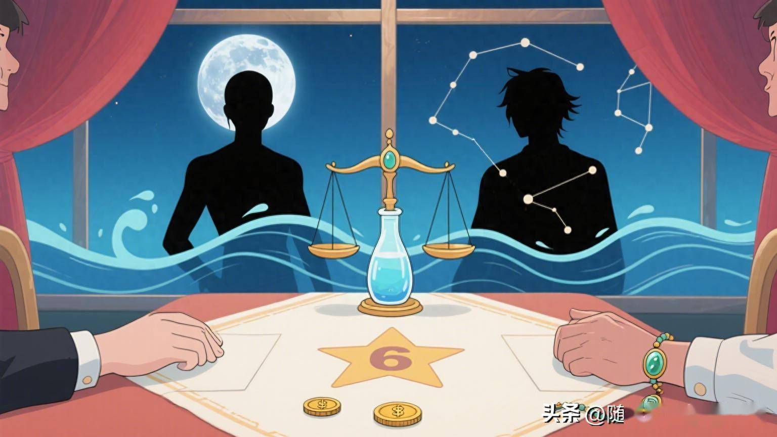 天秤 + 水瓶 + 属龙兔：与水象谈判，星币 6 助双赢
